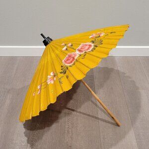 1950s Handpainted Flowers on Rice Paper and Bamboo Umbrella Parasol
